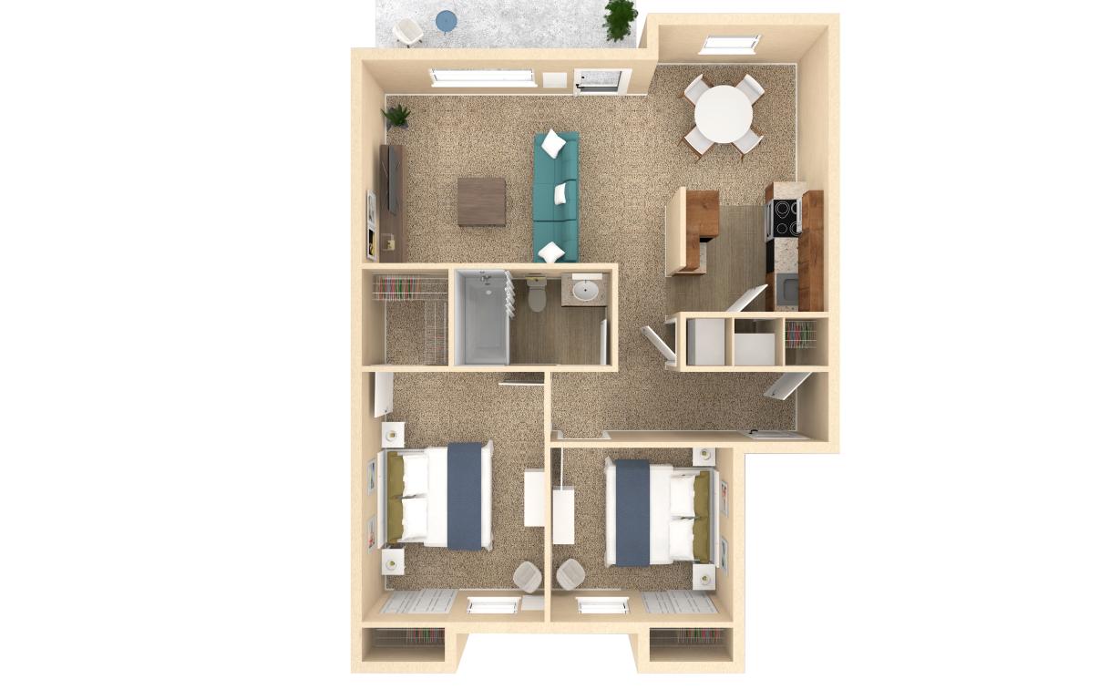 Floor plan for 2 beds, 1 bath, 886 sqft